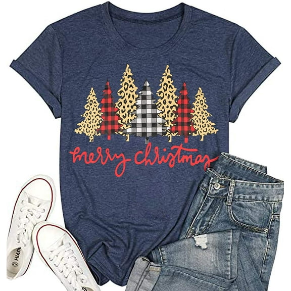 Womens Christmas Shirts Leopard Plaid Christmas Trees Printed Casual Short Sleeve Graphic Tees Tops