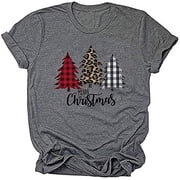 Womens Christmas Shirts Leopard Plaid Christmas Trees Printed Casual Short Sleeve Graphic Tees Tops