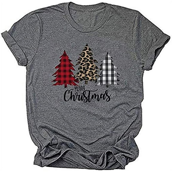Womens Christmas Shirts Leopard Plaid Christmas Trees Printed Casual Short Sleeve Graphic Tees Tops