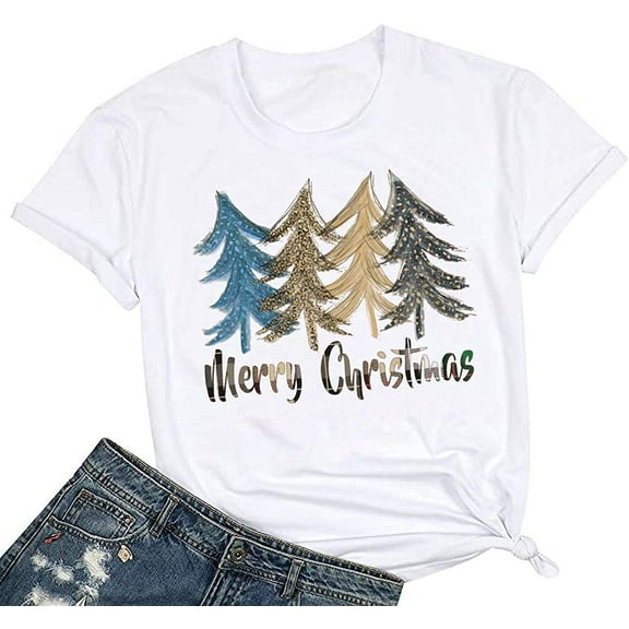 Womens Christmas Shirts Leopard Plaid Christmas Trees Printed Casual Short Sleeve Graphic Tees Tops