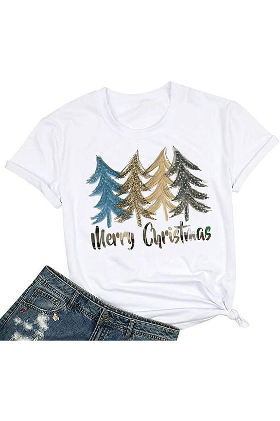 Womens Christmas Shirts Leopard Plaid Christmas Trees Printed Casual Short Sleeve Graphic Tees Tops