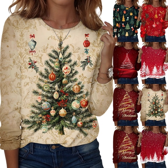 Womens Christmas Shirts Long Sleeve Funny Merry Christmas Cute Graphic Tee Crewneck Causal Holiday Xmas Tree T-Shirts Tops