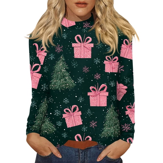Womens Christmas Shirts Long Sleeve Xmas Holiday Pullover Festive Top, Long Sleeve Mock Neck T Shirts, Winter Holiday Party Outfits Army Green M