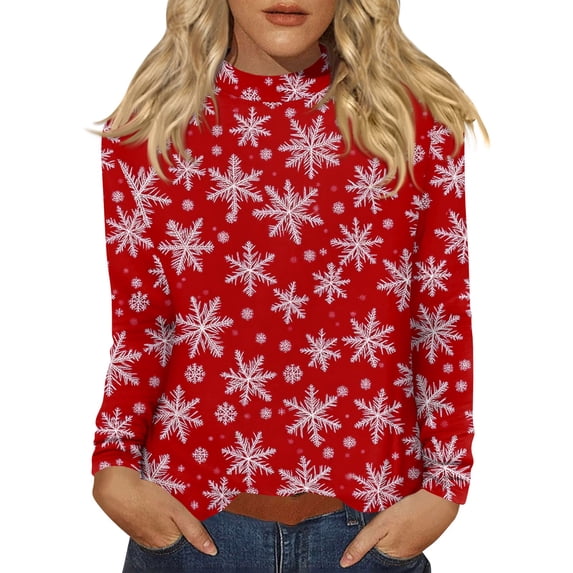 Womens Christmas Shirts Long Sleeve Xmas Holiday Pullover Festive Top, Long Sleeve Mock Neck T Shirts, Winter Holiday Party Outfits Deep Red M