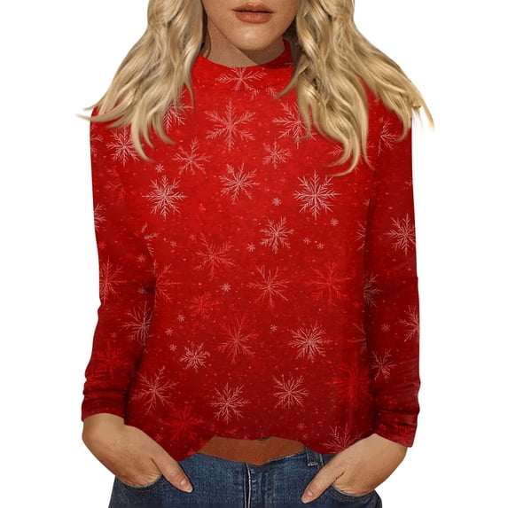 Womens Christmas Shirts Long Sleeve Xmas Holiday Pullover Festive Top, Long Sleeve Mock Neck T Shirts, Winter Holiday Party Outfits Vermilion XL
