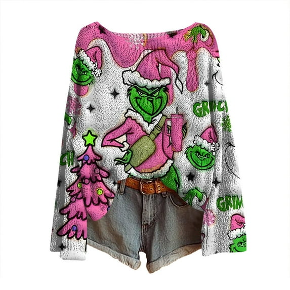 Womens Christmas Shirts Long Sleeves Xmas Tree Graphic Long Sleeve Tops Hot Pink XL