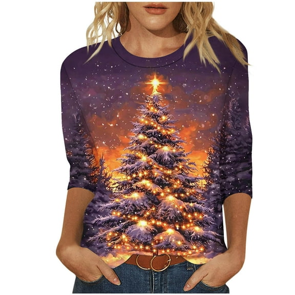 Womens Christmas Shirts Plus Size 3/4 Length Sleeve TShirts Cute Christmas Tree Graphic Printed Blouses Crewneck Tunic Tops Loose Pullover Top