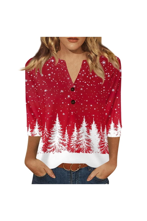 Womens Christmas Shirts Short Sleeve V Neck Festive Holiday Print Womens Autumn and Winter Clothes,Red,M