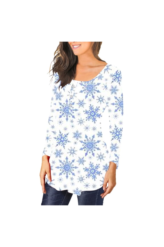 Womens Christmas Shirts Snowflake Print Button up Long Sleeve Tunic Tops Henley Scoop Neck Ruched Blouses for Leggings