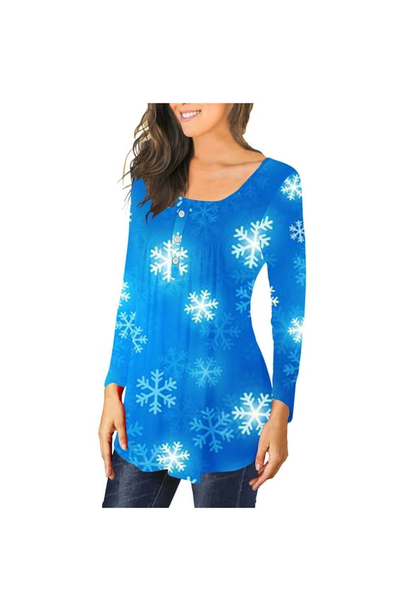 Womens Christmas Shirts Snowflake Print Button up Long Sleeve Tunic Tops Scoop Neck Ruched Flowy Blouses for Leggings