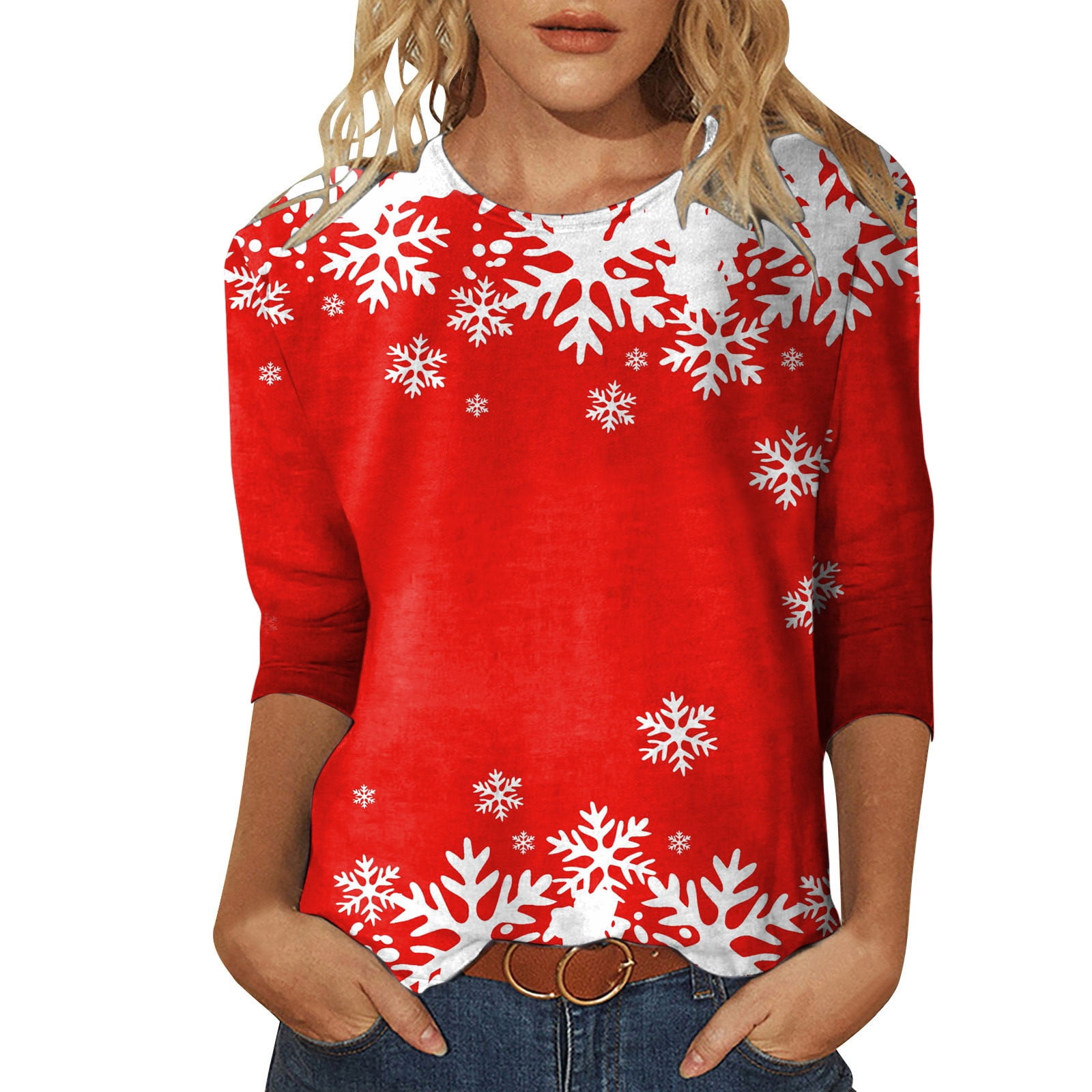 Womens Christmas Shirts Tops 3/4 Sleeve Daily Snowflakes Print Crewneck — free download