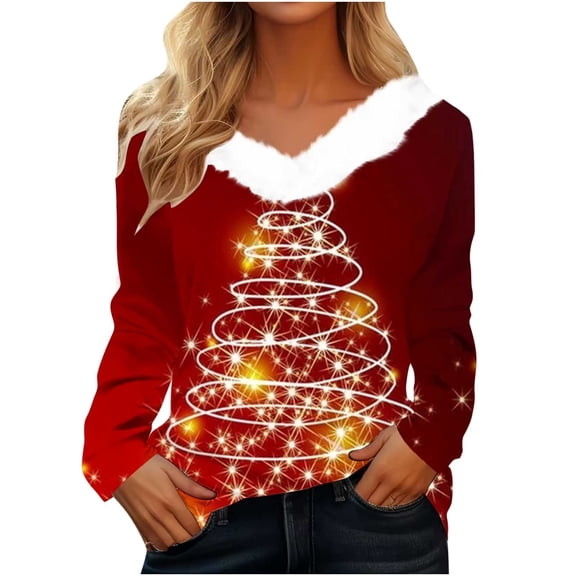 Womens Christmas Shirts Tops Long Sleeve Dressy Casual Print Plush V Neck Petite Fall Casual Santa Xmas Tees Blouses