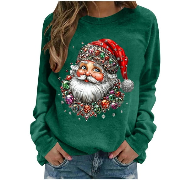 Womens Christmas Shirts Vintage Santa Claus Print Sweatshirt Cute Crew Neck Sweatshirts Long Sleeve Casual Tops Holiday Party Outfits for Women