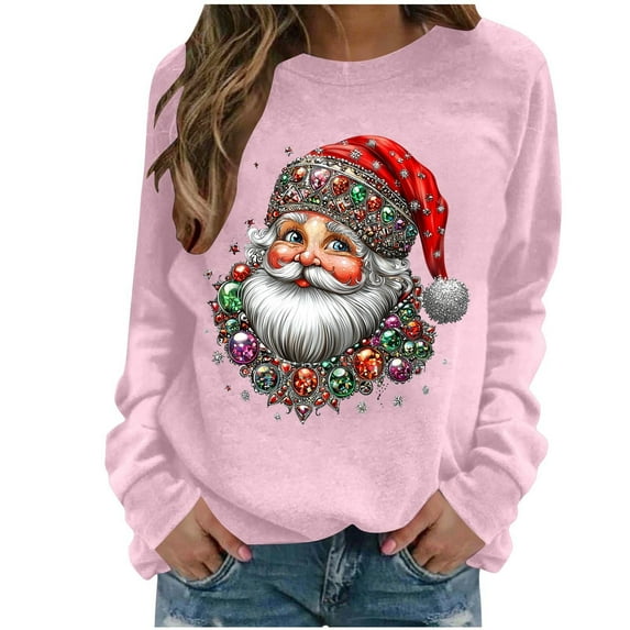 Womens Christmas Shirts Vintage Santa Claus Print Sweatshirt Cute Crew Neck Sweatshirts Long Sleeve Casual Tops Holiday Party Outfits for Women