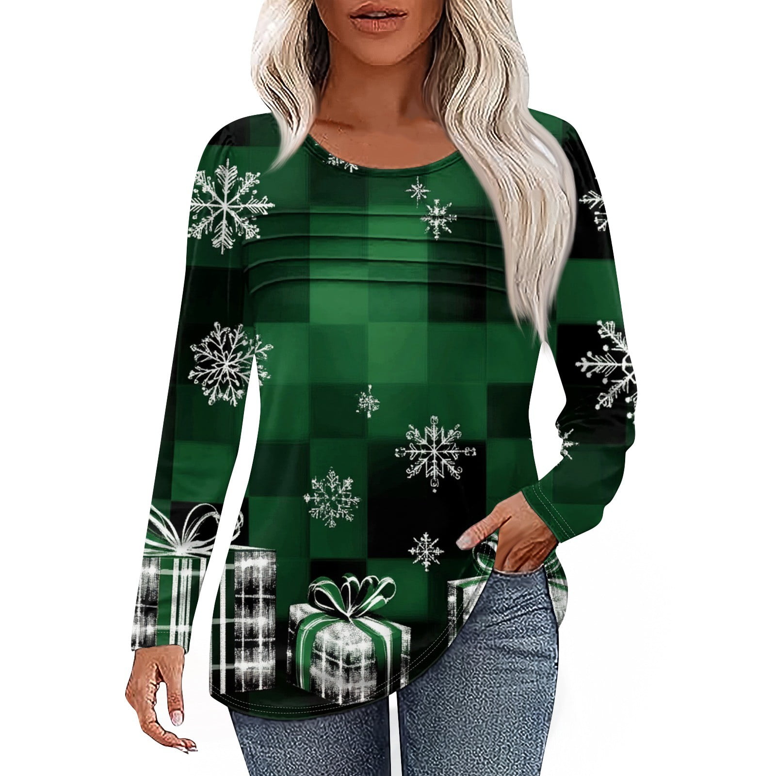 Womens Christmas Shirts Xmas Snowflake Print Blouse Long Sleeve Pleated