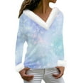 Womens Christmas Shirts Xmas Snowflake Print Tshirts Faux Fur V Neck
