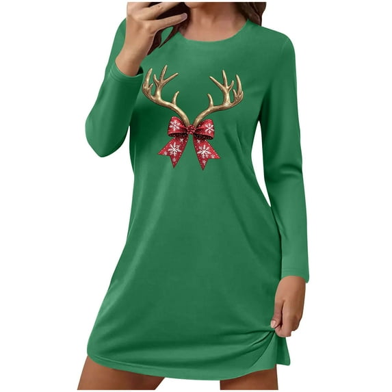 Womens Christmas Sleep Shirt Dress Long Sleeve Crewneck Nightgown Holiday Xmas Sleepwear Pjs Short Dresses Green, XL