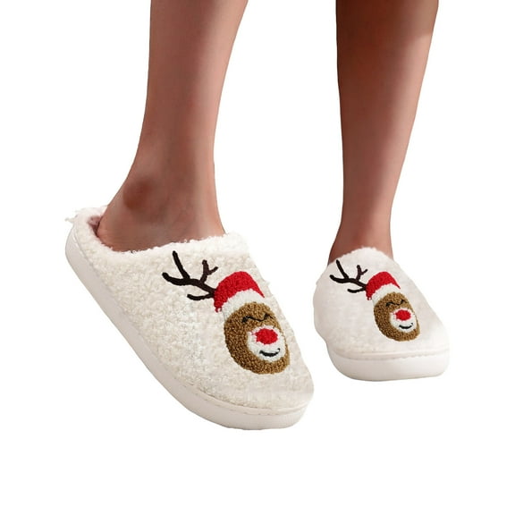 Womens Christmas Slippers Soft Plush Fuzzy Cozy House Shoes for Woman Men Xmas Reindeer Indoor Outdoor