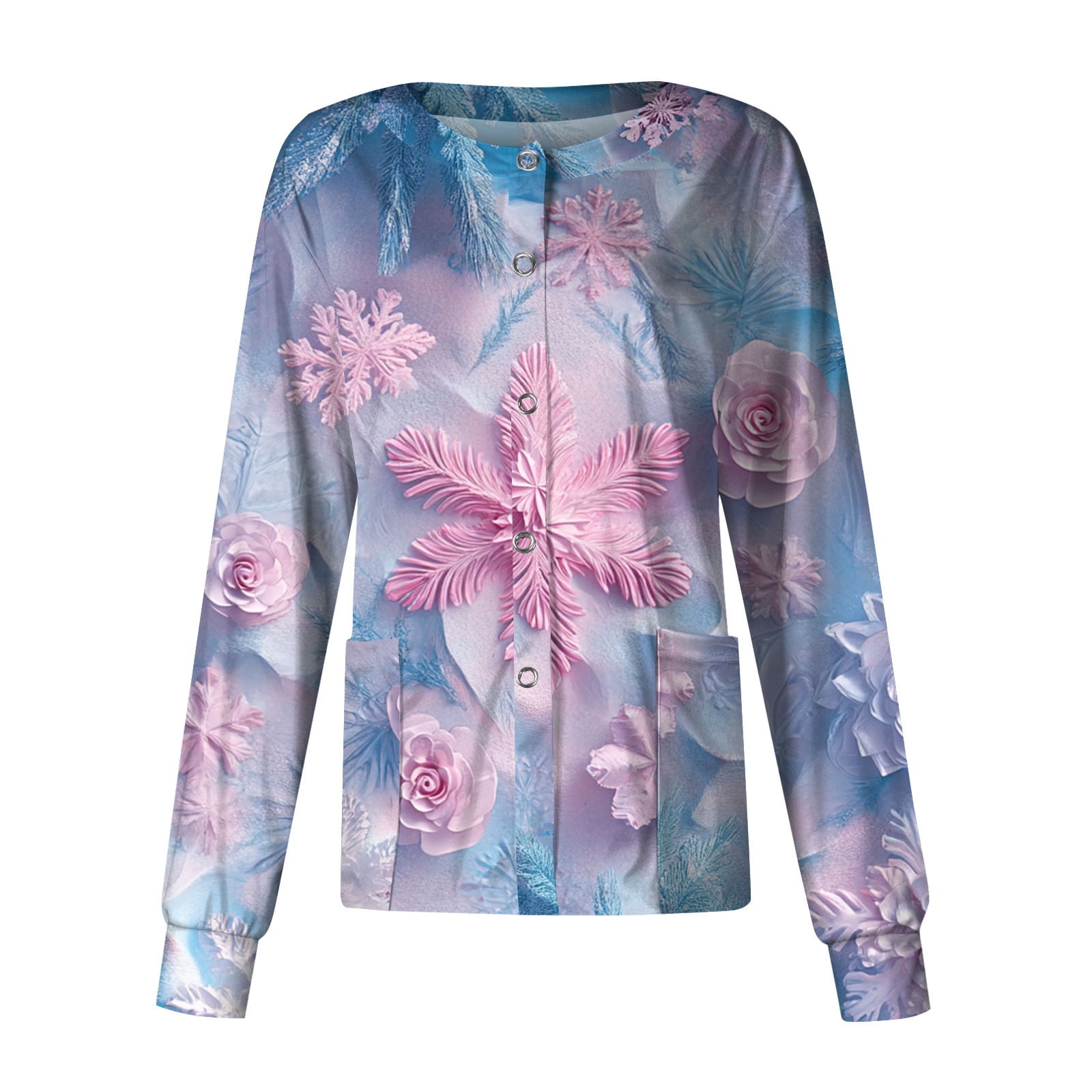 Womens Christmas Snaps Front Scrub Jackets Christmas Tree Graphic