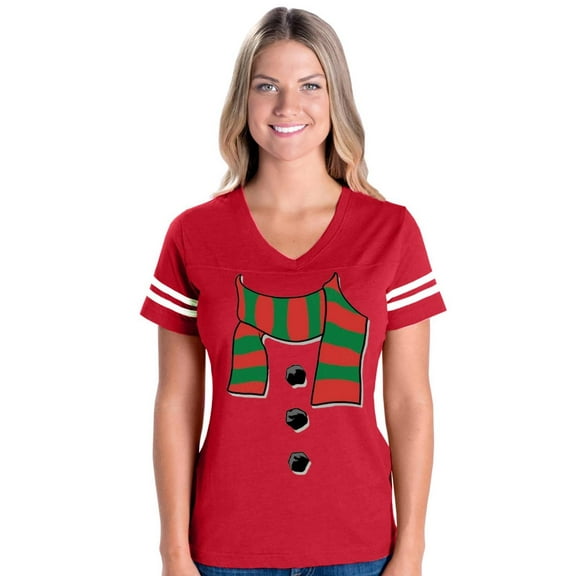Womens Christmas Snowman Scarf Football V-Neck T-Shirt