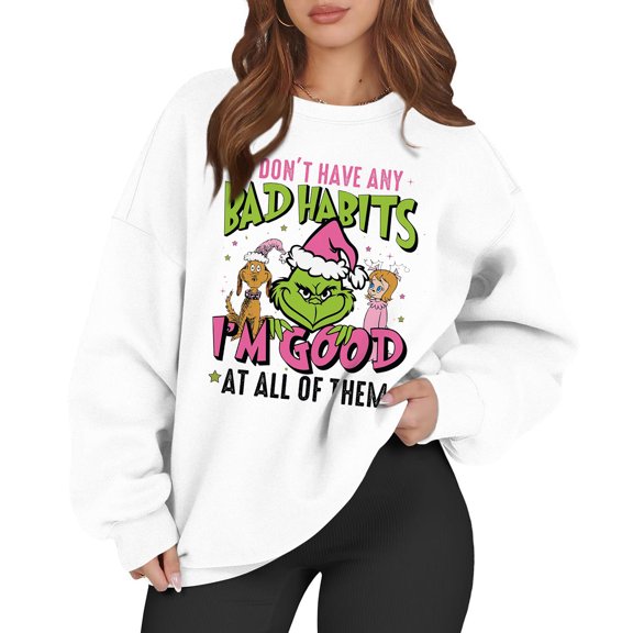 Womens Christmas Sweat Shirts Long Sleeve Funny Cute Xmas Crewneck Pullover 2-White 3XL