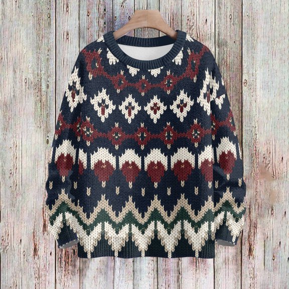 Womens Christmas Sweater Crew Neck Long Sleeve Knit Pullover Loose Fit Casual Vintage Xmas Reindeer Pattern Winter Knitwear Blue XXL