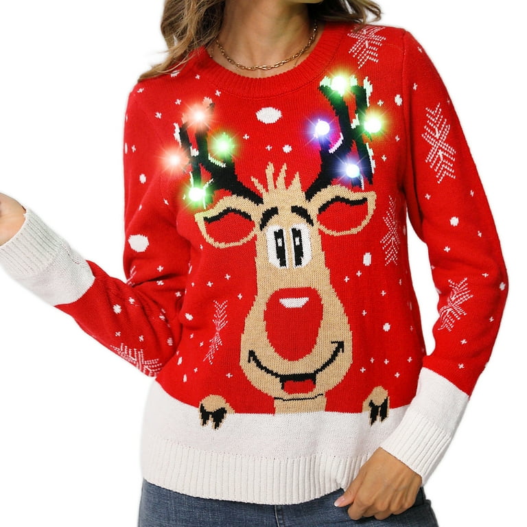 Womens Christmas Sweater LED Light Up Reindeer Ugly Sweater Built in Light Bulbs Knitted Sweater M Walmart