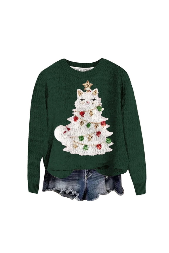 Womens Christmas Sweater Long Sleeve Crew Neck Knit Relaxed Fit Xmas Holiday Pullover Sweater Themed Print Soft Casual Winter Jumper Tops Womens Sweaters