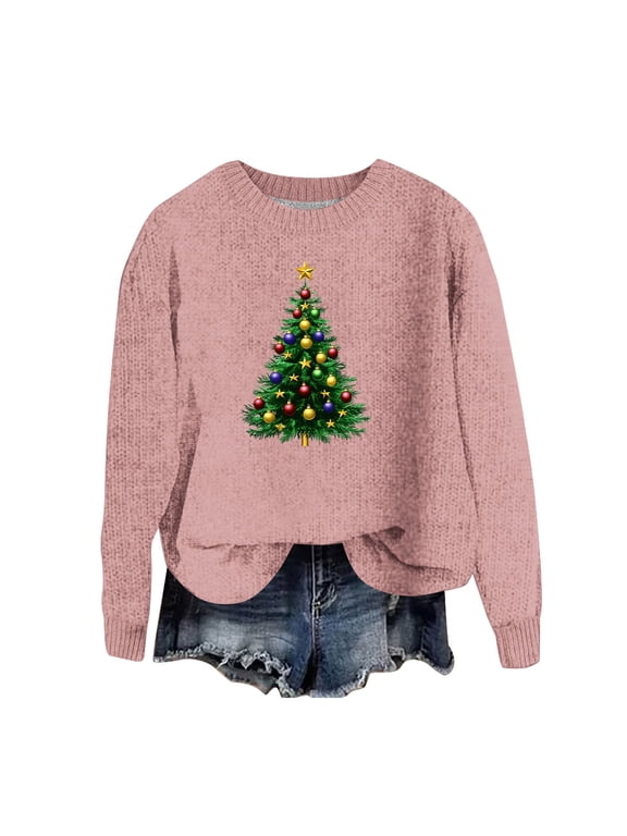 Womens Christmas Sweater - Sweaters for Women, Womens Christmas Sweater Xmas Tree Printed Sweaters Long Sleeve Crewneck Pullover Sweater Tops