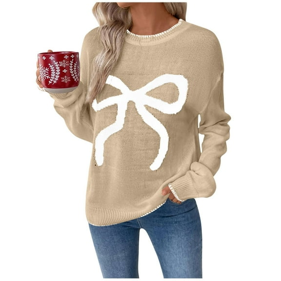 Womens Christmas Sweaters Casual Loose Fit Bowknot Print Pullover Sweater Soft Lightweight Knit Jumper Top