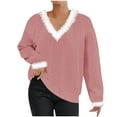 thumbnail image 1 of Womens Christmas Sweaters Holiday Outfit Long Sleeve V Neck Blouses Faux-fur Fluffy Trim Knit Pullover Red Tops (XL, Pink), 1 of 6