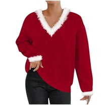 Womens Christmas Sweaters Holiday Outfit Long Sleeve V Neck Blouses Faux-fur Fluffy Trim Knit Pullover Red Tops (XL, Red)