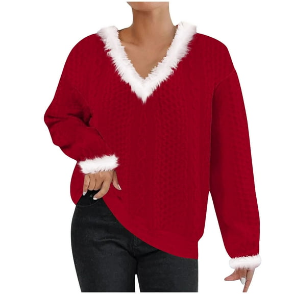 Womens Christmas Sweaters Holiday Outfit Long Sleeve V Neck Blouses Faux-fur Fluffy Trim Knit Pullover Red Tops (XL, Red)
