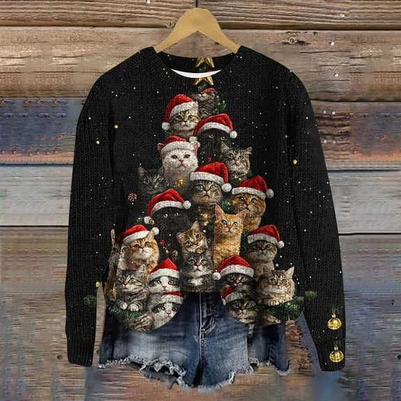 Womens Christmas Sweaters Sweaters Round Neck Long Sleeve Christmas Print Pullover Sweater for A Stylish Holiday Gathering