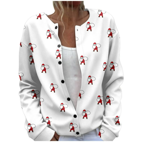 Womens Christmas Sweaters Plus Size Long Sleeve Button Down Knit Sweater Jacket Reindeer Print Winter Xmas Open Front Holiday Christmas Sweaters for Women White L