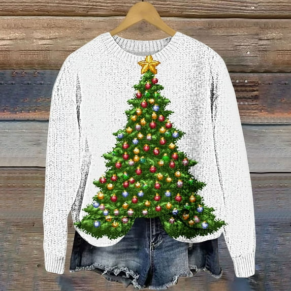 Womens Christmas Sweaters Women Sweaters Loose Fit Christmas Print Round Neck Long Sleeve Pullover Sweater for Comfort