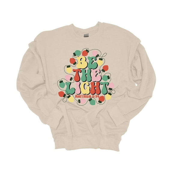 Womens Christmas Sweatshirt Be The Light Matthew 5:13 Christmas Lights Festive Holiday Crewneck Sweatshirt-Sand-small