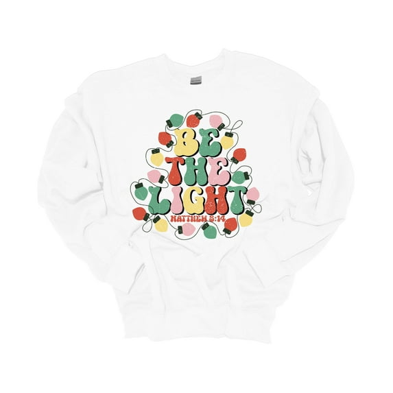 Womens Christmas Sweatshirt Be The Light Matthew 5:13 Christmas Lights Festive Holiday Crewneck Sweatshirt-White-large