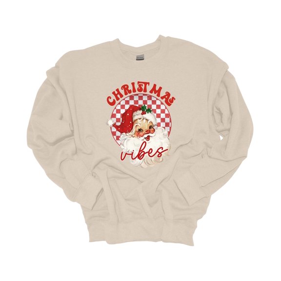 Womens Christmas Sweatshirt Cheery Santa Christmas Vibes Festive Holiday Crewneck Sweatshirt-Sand-xl
