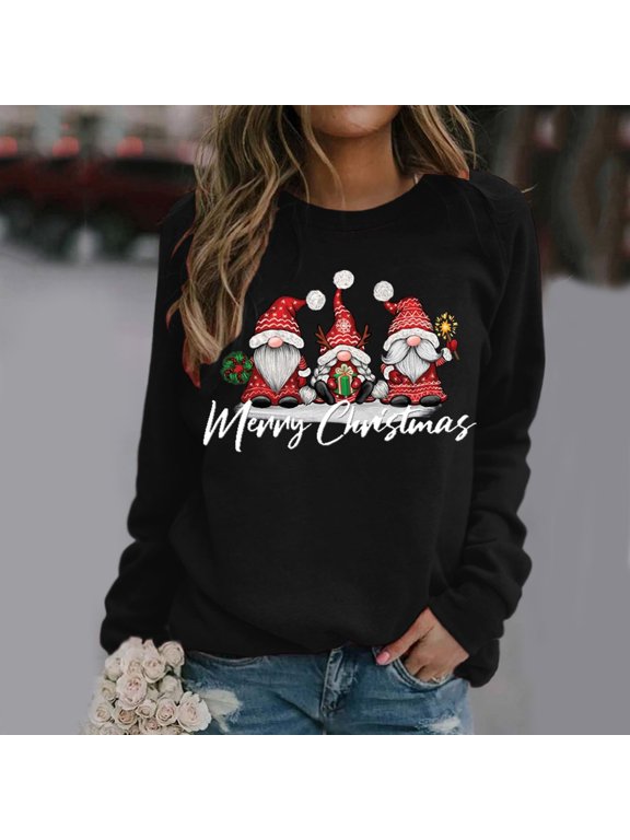 Womens Christmas Sweatshirt Elf Print Long Sleeve Sweatshirt Top Crewneck Comfortable Soft Christmas Sweatshirt Women Black S