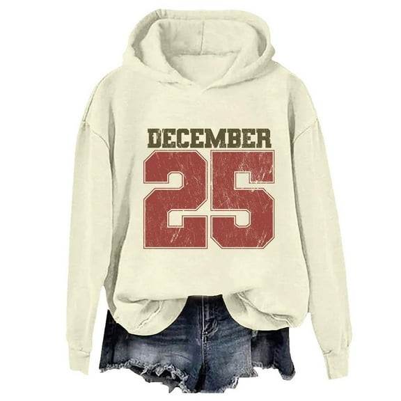 Womens Christmas Sweatshirt Festive Themed Print Pullover Tops Soft Fleece Casual Cozy Lightweight Long Sleeve Hoody Christmas Hoodie Beige L