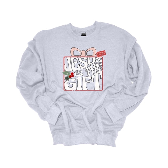 Womens Christmas Sweatshirt Jesus is the Gift Wrapped Present Festive Holiday Crewneck Sweatshirt-Ash Grey-large