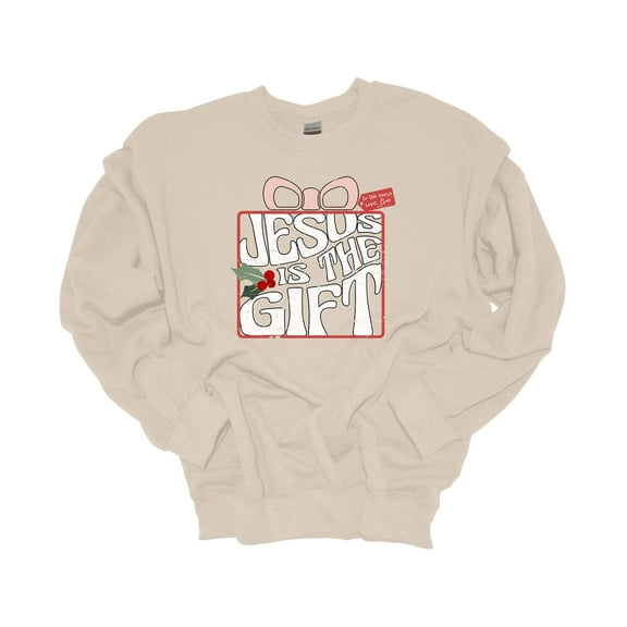 Womens Christmas Sweatshirt Jesus is the Gift Wrapped Present Festive Holiday Crewneck Sweatshirt-Sand-xxxl