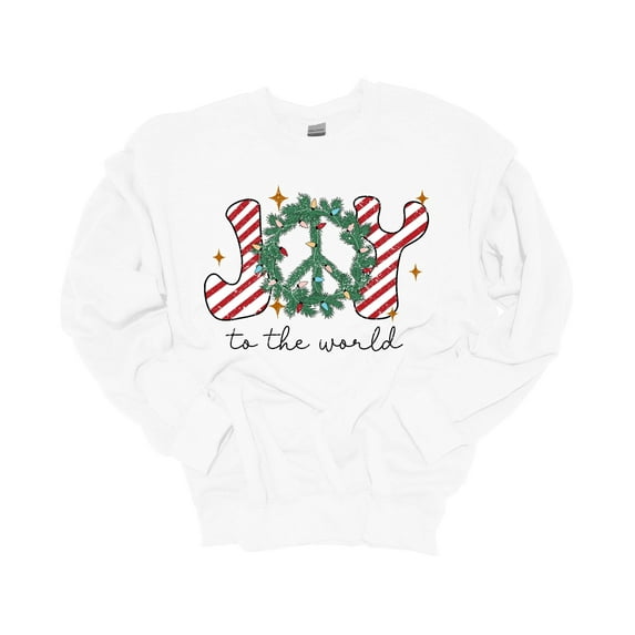 Womens Christmas Sweatshirt Joy to the World Wreath Festive Holiday Crewneck Sweatshirt-White-medium