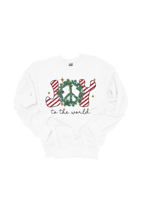 Womens Christmas Sweatshirt Joy to the World Wreath Festive Holiday Crewneck Sweatshirt-White-small