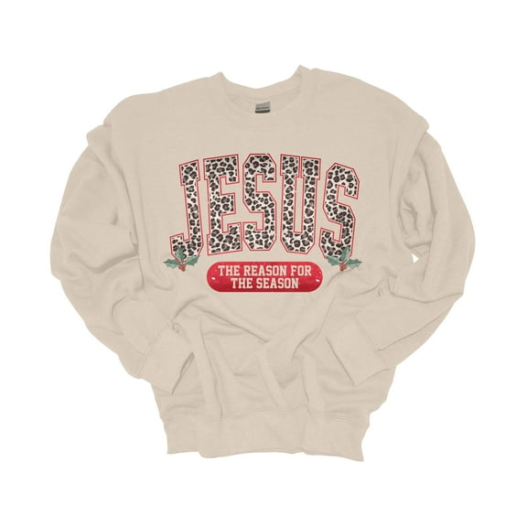 Womens Christmas Sweatshirt Leopard Jesus is the Reason for the Season Festive Holiday Crewneck Sweatshirt-White-small