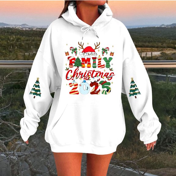 Womens Christmas Sweatshirt Letter Print Hooded Hoody Long Sleeve Pullover Casual Fashion Top for Fall Winter Comfort Wear Womens Hoodies White S