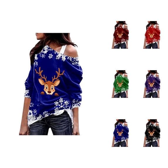 Womens Christmas Sweatshirt Long Sleeve One Shoulder Festive Reindeer and Snowflake Print Pullover Sweatshirts