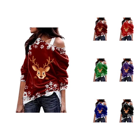 Womens Christmas Sweatshirt Long Sleeve One Shoulder Festive Reindeer and Snowflake Print Pullover Sweatshirts