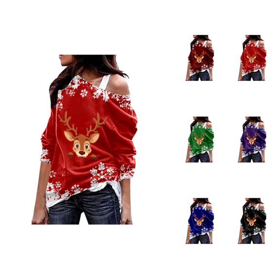 Womens Christmas Sweatshirt Long Sleeve One Shoulder Festive Reindeer and Snowflake Print Pullover Sweatshirts